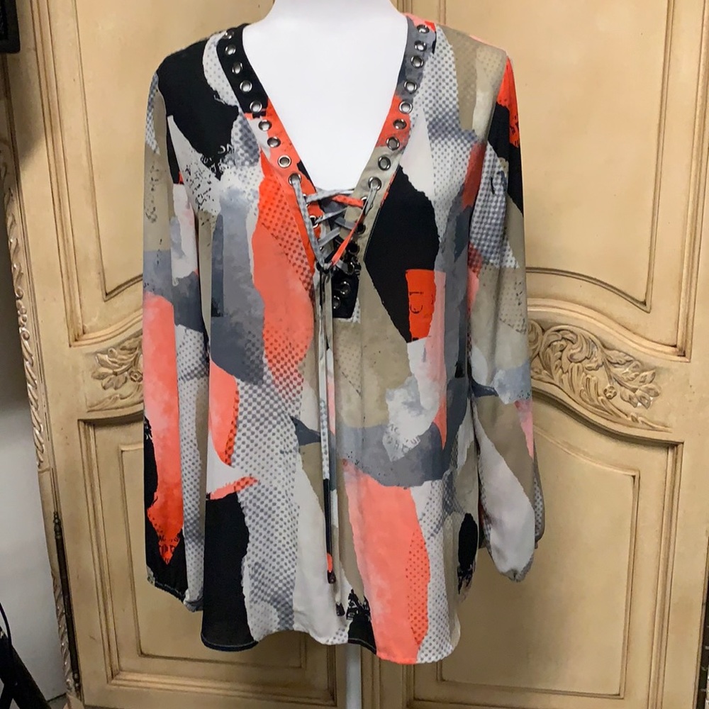 Alfani Tunic 12 Multi Gray/ Black/ Coral/ Tan